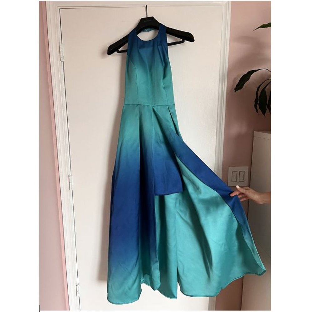 Betsy & Adam gorgeous dress. Light and dark blue. Open back.